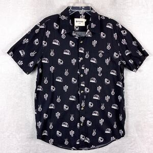 Pyknic Camp Shirt Mens M Black White Taco Avocado AOP Southwestern Indie Hipster